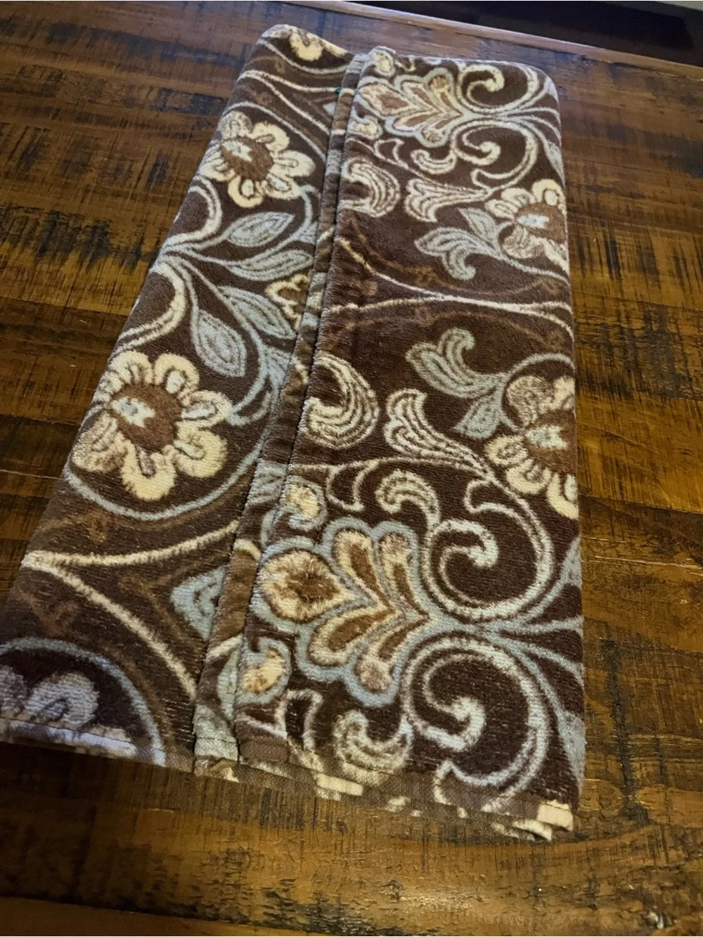 Brown and Light Blue Floral Plush Hand Towel